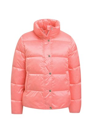 Pink shiny puffer jacket with high collar, snap buttons down the front, and horizontal quilted sections.