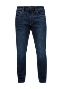 Jean slim en denim bleu foncé avec poches avant, passants pour ceinture et fermeture par bouton sur fond blanc.