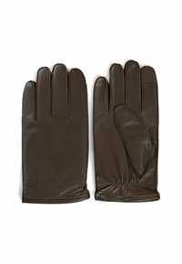 Gants en cuir marron avec une texture lisse, présentant un design classique à cinq doigts et un poignet élastiqué pour un ajustement sécurisé.