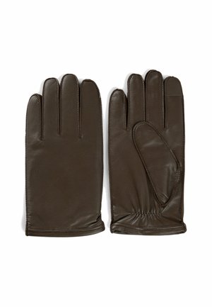 Gants en cuir marron avec une texture lisse, présentant un design classique à cinq doigts et un poignet élastiqué pour un ajustement sécurisé.