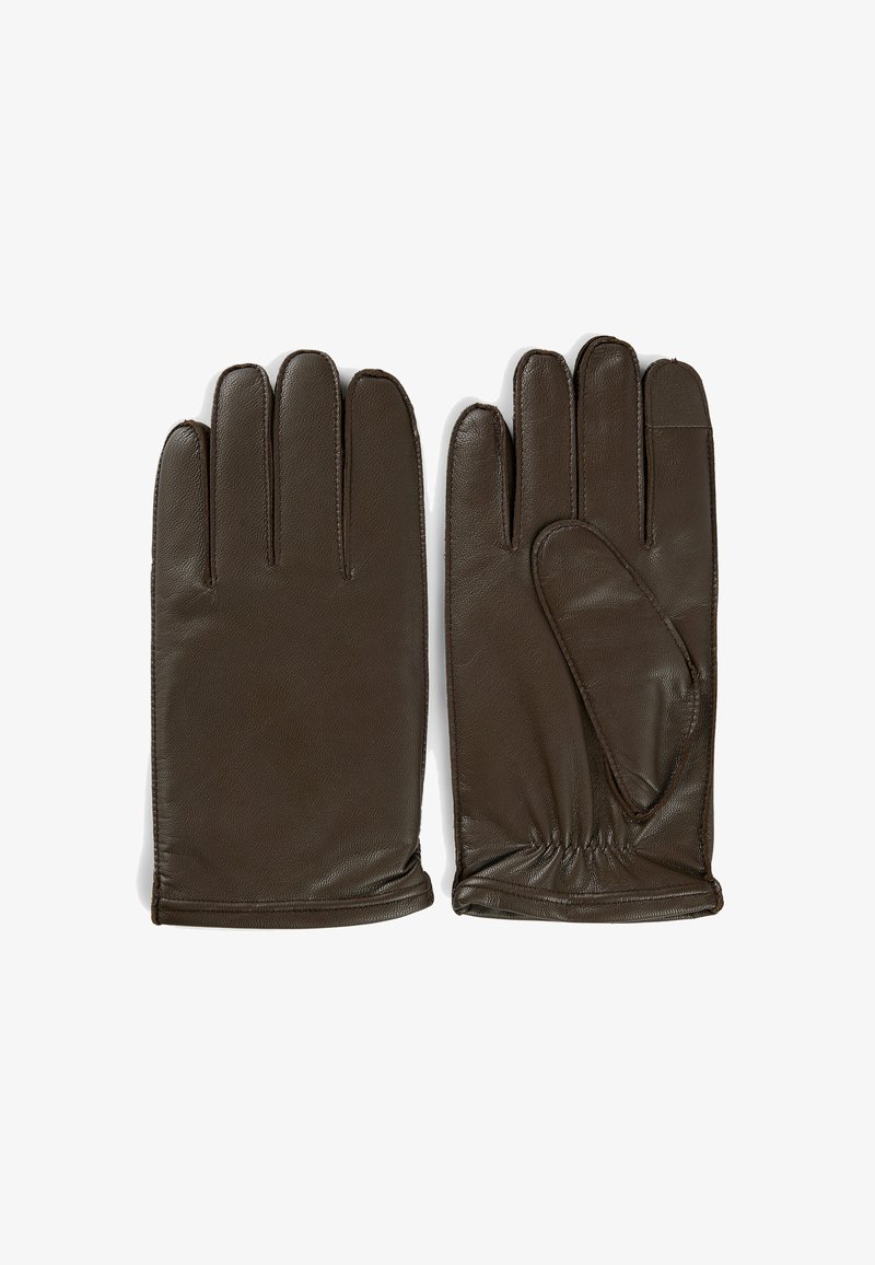 Gants en cuir marron avec une texture lisse, présentant un design classique à cinq doigts et un poignet élastiqué pour un ajustement sécurisé.