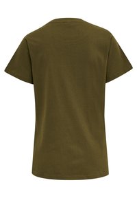Oliven grøn T-shirt, korte ærmer, rund hals, lavet af glat bomuld. Enkel design, ingen mønstre eller accenter.