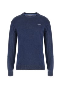 Maglione a manica lunga blu navy realizzato in tessuto morbido, con scollatura a girocollo e logo ricamato "GUESS" sul lato sinistro del petto.