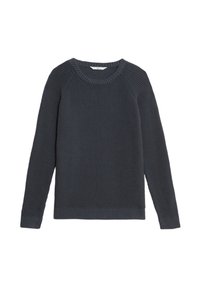 Maglione lavorato a maglia grigio scuro con un motivo testurizzato, colletto rotondo e polsini e orlo a costine. Maniche lunghe con design a raglan.