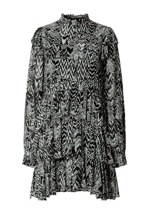 Černobílé šaty s dlouhým rukávem, vysokým výstřihem, volánkovými manžetami a vrstvenou, plisovanou sukní.