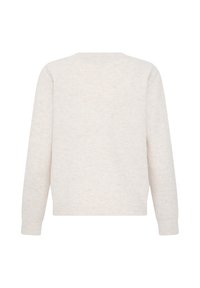 Pull à manches longues col rond beige clair avec poignets et ourlet côtelés, montré de dos sur fond blanc.