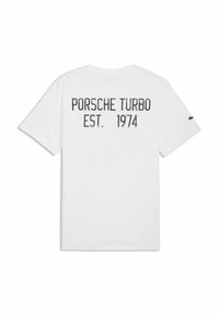 Maglietta bianca in cotone con stampa nera sul retro con la scritta "PORSCHE TURBO EST. 1974", maniche corte e scollo rotondo.