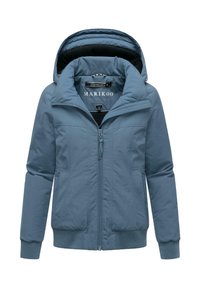 Veste zippée bleu clair avec capuche, poignets et ourlet côtelés. Comprend deux poches latérales et un tissu extérieur lisse et résistant à l'eau.