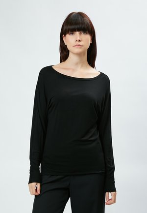 Black long-sleeve top with a wide neckline, made of smooth fabric. Features fitted sleeves and a relaxed silhouette. Minimalistic design.