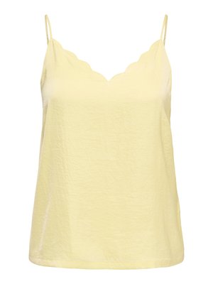 Haut camisole jaune sans manches avec encolure festonnée et fines bretelles.