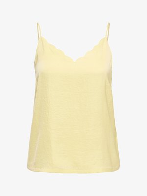 Haut camisole jaune sans manches avec encolure festonnée et fines bretelles.