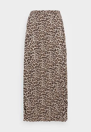 Langer Rock mit Leopardenmuster in Beige-, Braun- und Schwarztönen, dargestellt auf schlichtem weißen Hintergrund.