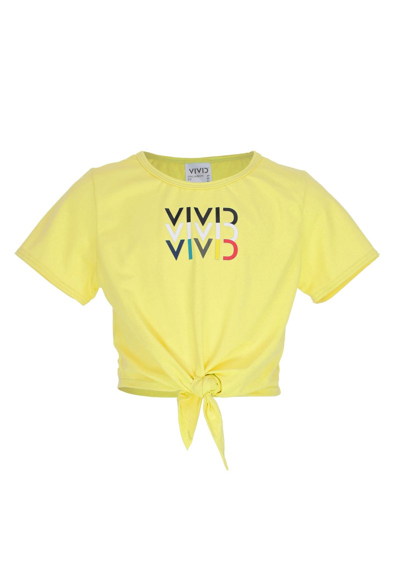 T-shirt cropped gialla in morbido tessuto, con un fronte annodato. Testo esposto "VIVID" in diversi colori: nero, bianco, blu e rosso.