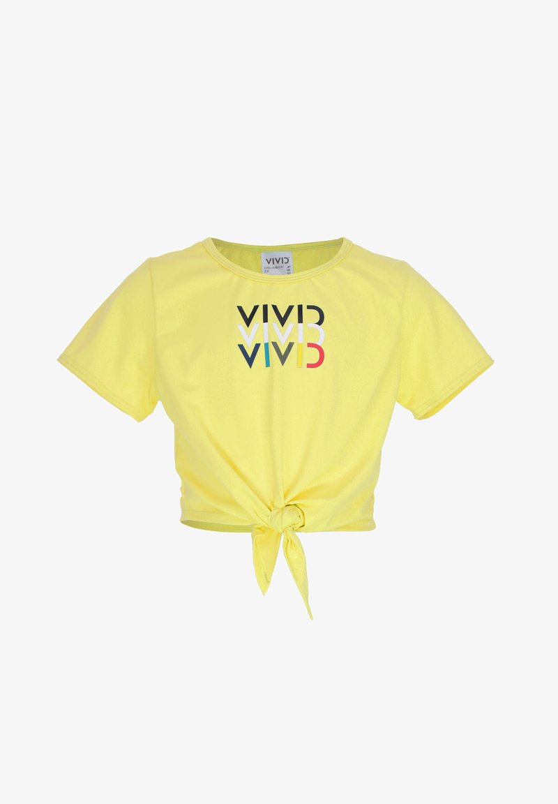 T-shirt cropped gialla in morbido tessuto, con un fronte annodato. Testo esposto "VIVID" in diversi colori: nero, bianco, blu e rosso.