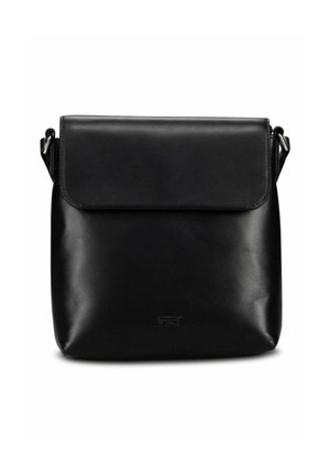 Sac bandoulière en cuir noir avec fermeture à rabat, forme rectangulaire et bandoulière réglable sur fond blanc.