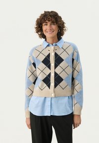 Sweter z dzianiny w wzór argyle w odcieniach niebieskiego, beżowego i czarnego. Ma zapięcie na guziki z przodu oraz ściągacz na dole, noszony na jasnoniebieskiej koszuli.