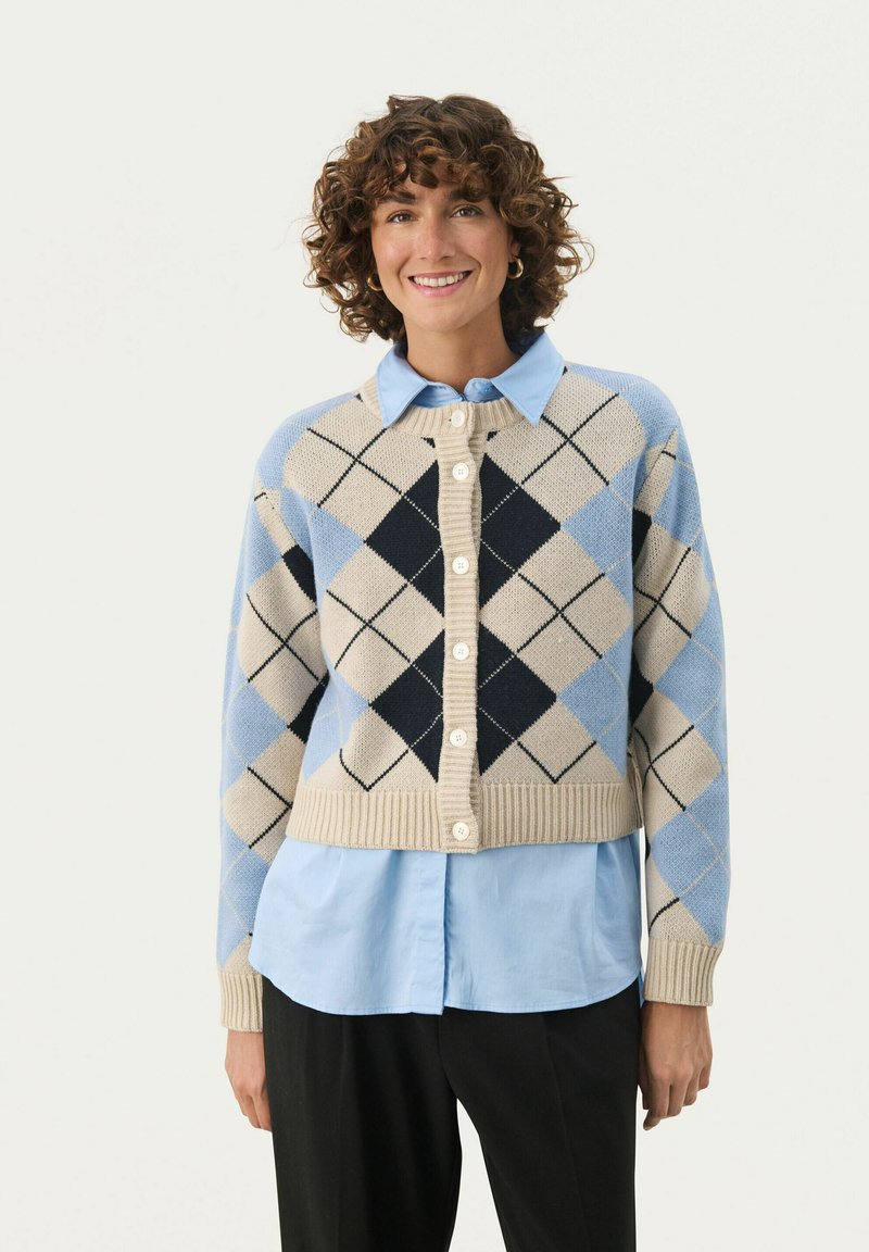 Sweter z dzianiny w wzór argyle w odcieniach niebieskiego, beżowego i czarnego. Ma zapięcie na guziki z przodu oraz ściągacz na dole, noszony na jasnoniebieskiej koszuli.