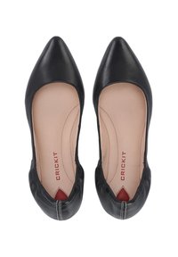 Ballerine in pelle nera con punta appuntita e fodera morbida. Presentano cuciture a contrasto e un logo rosso sulla soletta.