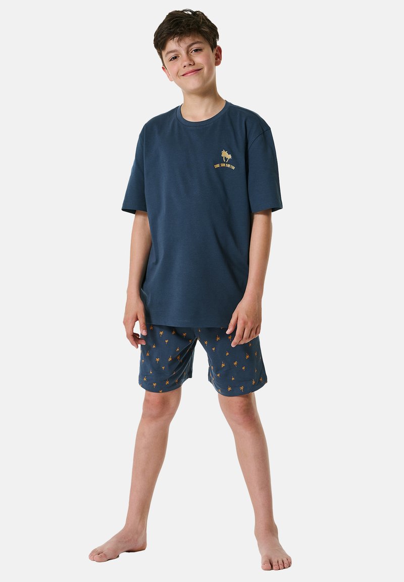 Navy cotton T-shirt and shorts set, featuring yellow palm tree patterns. The T-shirt has a simple crew neck and relaxed fit.