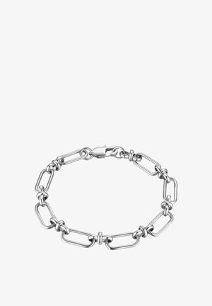 Ezüst lánc karkötő összekapcsolt, hosszúkás és kerek láncszemekkel, biztos zárral. Simább, fényes fémfelület.