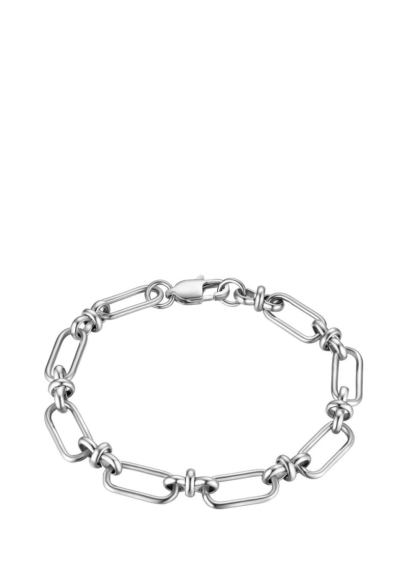 Pulsera de cadena de plata con enlaces alargados y redondeados interconectados, y un cierre seguro. Acabado de metal suave con un ligero brillo.