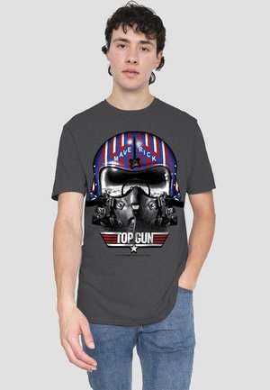 Gray cotton t-shirt featuring a graphic of a helmet with red, white, and blue stripes, and the text "MAVERICK" and "TOP GUN" below.