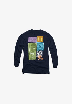 Navy long-sleeve shirt featuring cartoon characters from "Star Wars: Young Jedi Adventures" in colorful rectangular panels.