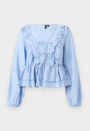 Ανοιχτό μπλε μπλούζα με μακριά μανίκια, ντεκολτέ σε σχήμα V με βολάν, δέσιμο στο μπροστινό μέρος, πεπλουμ τελείωμα και πιεσμένους ελαστικούς μανσέτες.