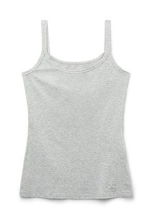Lichtgrijze tanktop van zacht, rekbaar materiaal. Heeft dunne schouderbandjes en een ronde halslijn. Minimalistisch ontwerp, geen patronen.