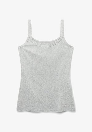 Hellgraues Tanktop aus weichem, dehnbarem Stoff. Mit dünnen Trägern und einem runden Ausschnitt. Minimalistisches Design, ohne Muster.