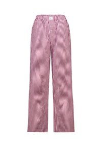 Red and white striped wide-leg pants with an elastic waistband, two-button front, and soft, textured fabric. No pockets visible.