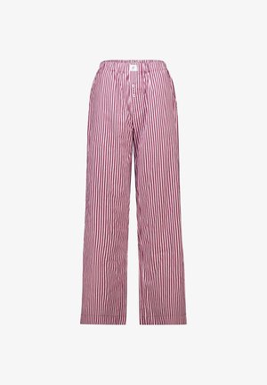 Rood-witte gestreepte wijde broek met een elastische tailleband, een twee-knops voorkant en een zachte, textuurstof. Geen zakken zichtbaar.