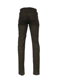 Bruine suède broek met een slank ontwerp, met een aansluitende pasvorm, achterzakken en een ritssluiting. Duidelijke stiksels langs de naden.