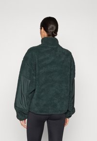 Dunkelgrüne, füllige Fleecejacke mit hohem Kragen und Ballonärmeln. Die Ärmel sind aus einem glatten, kontrastierenden Material gefertigt.