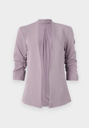 Lilac blazer with a shawl collar and ruched three-quarter sleeves, displayed against a white background.