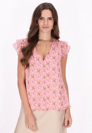 Roze bloemenblouse met korte gerimpelde mouwen, V-hals en een knoopsluiting aan de voorkant. Lichtgewicht stof met een subtiele textuur.