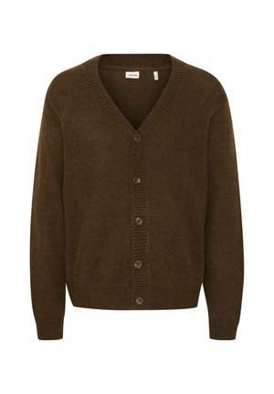 Hnědý pletený kardigan s výstřihem do V, dlouhými rukávy a předním zapínáním na pět knoflíků. Texturovaná tkanina s ribovanými detaily.