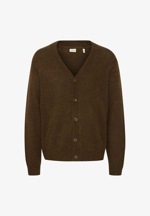 Brun strikket cardigan med V-hals, lange ermer og frontknappfeste med fem knapper. Teksturert stoff med ribbede detaljer.