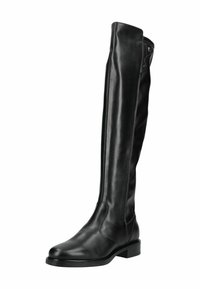 Bottes noires en cuir au-dessus du genou avec une texture lisse, bout rond, un petit talon large, et des accents à boutons-pression sur le côté pour les ajustements.