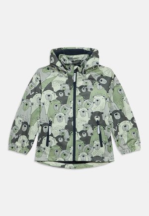 Veste à capuche pour enfants de couleur vert clair, ornée d'un motif répétitif d'ours en différentes nuances de vert et de gris, avec une fermeture éclair à l'avant et des poches.