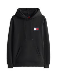 Schwarzer Hoodie aus Baumwolle mit einer vorderen Tasche, Kapuze mit Zugband und einem kleinen rechteckigen Tommy Jeans Logo in Rot, Marineblau und Weiß.
