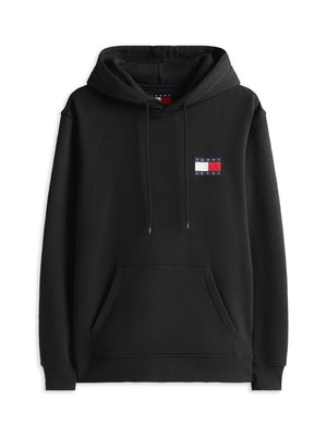 Černá mikina s kapucí vyrobená z bavlny, s přední klokaní kapsou, šňůrkovou kapucí a malým obdélníkovým logem Tommy Jeans v červené, námořnické modré a bílé barvě.