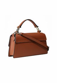 Borsa a mano in pelle marrone con design strutturato, manico superiore e tracolla removibile. Presenta dettagli in metallo argento e finitura testurizzata.