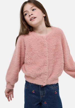 Jeune fille portant un pull rose duveteux à boutons et un jean bleu foncé avec des cerises brodées sur un fond blanc.