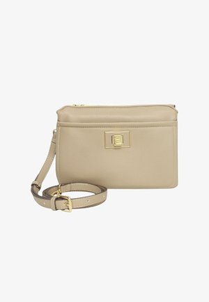 Borsa a tracolla in pelle beige con finitura testurizzata, hardware dorato e un pattino frontale con chiusura quadrata. Inclusa una tracolla regolabile.