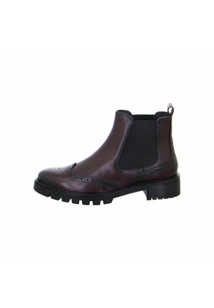 Braune Leder-Chelsea-Stiefel mit elastischen Seitenpaneelen, Brogue-Verzierungen an der Spitze und einer robusten schwarzen Profilsohle. Rundliche Zehenform.