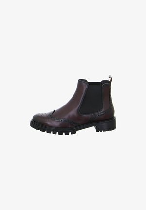 Braune Leder-Chelsea-Stiefel mit elastischen Seitenpaneelen, Brogue-Verzierungen an der Spitze und einer robusten schwarzen Profilsohle. Rundliche Zehenform.