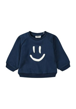 Felpa blu navy in cotone con un motivo di faccina sorridente bianca sul davanti. Presenta maniche raglan e un orlo a costine.