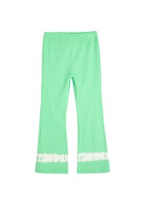 Groene tie-dye flared broek met een textuurpatroon, voorzien van een brede tailleband en contrasterende witte details aan de zoom.