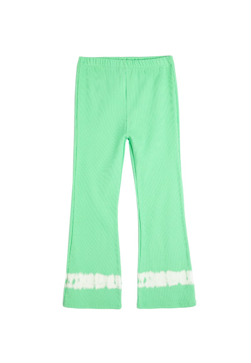Groene tie-dye flared broek met een textuurpatroon, voorzien van een brede tailleband en contrasterende witte details aan de zoom.